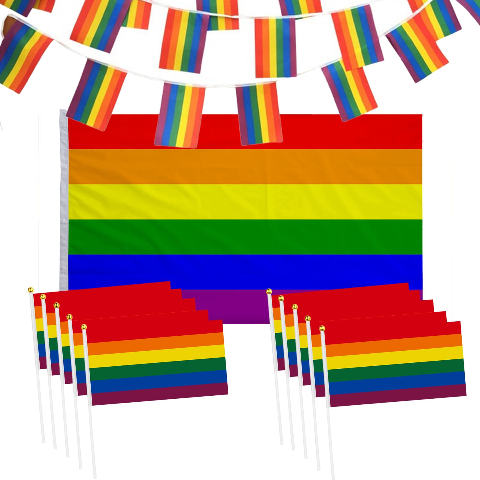 Pride Rainbow Gay Party Decorations Set,10Pcs Mini Pride Flags on Sticks,Large Rainbow Pride Flag and 7M Bunting for Flags for Pride Celebration,LGBT Gay Pride Set Banner for Garden Outdoor Indoor