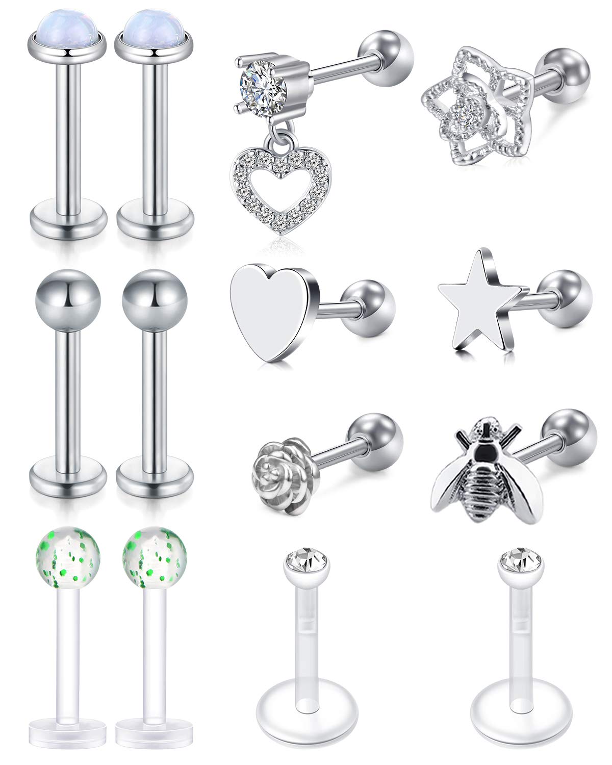 incaton Tragus Piercing Jewellery 14Pcs Stainless Steel Helix Earrings Tragus Cartilage Earring Piercing Jewellery for Women