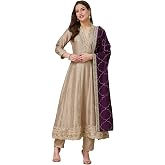DREAMANGEL FASHION Womens Traditional Silk Floral Embroidered Anarkali Kurta Set with Pant and Dupatta