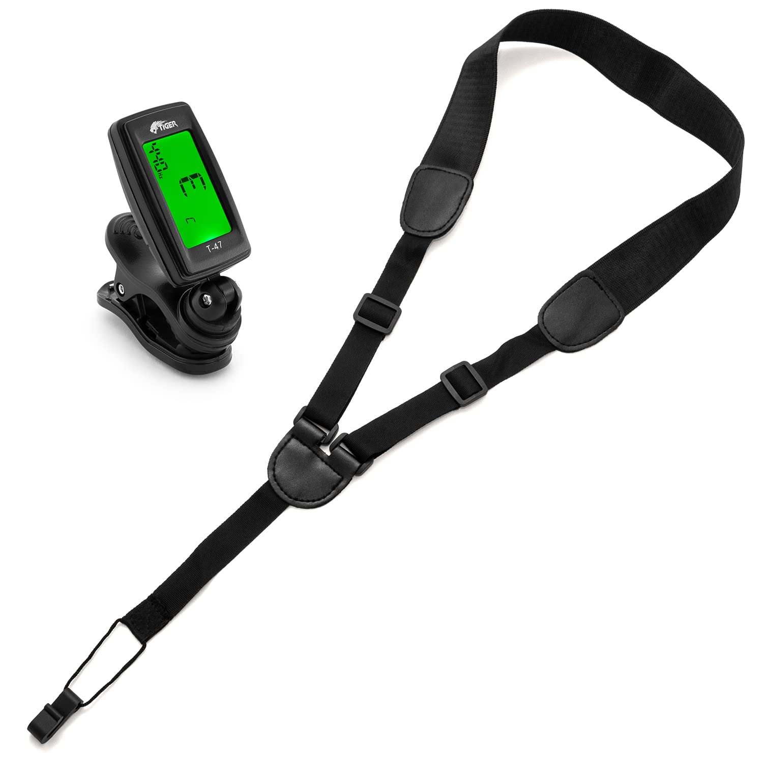 Tiger STP80-TN Ukulele Strap and T-47 Chromatic Clip On Tuner Package - Adjustable Strap - Black