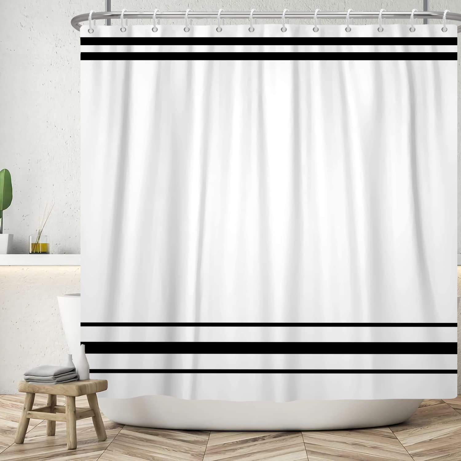 SDOTPMT 180x180cm Black and White Shower Curtain Modern Classic Black Striped Bath Curtain Rustic Farmhouse Minimalism Bathtub Curtain for Bathroom Decor Waterproof with Hooks