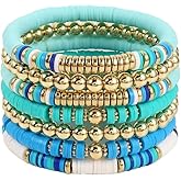 ZYMJBB Surfer Heishi Clay Bead Bracelets Set for Women, Boho Stackable Gold Beaded Stretch Bracelets, Elastic Layering Friendship Jewelry