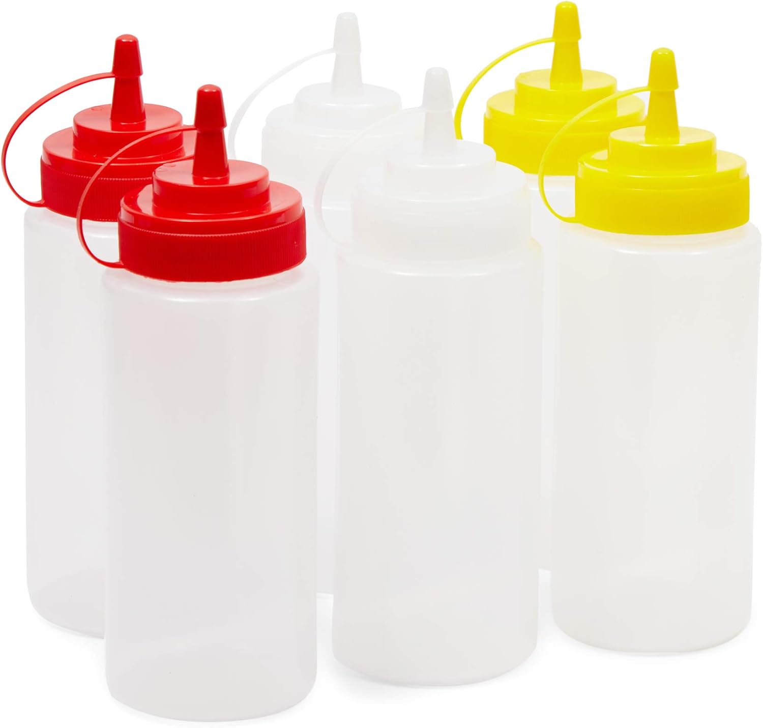 Plastic Condiment Squeeze Bottles, Lids in 3 Colors (16 oz