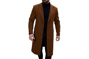 Mens Wool Blend Trench Coat Slim Fit Business Casual Vintage Overcoat Single Breasted Mid Long Jacket Warm Outerwear
