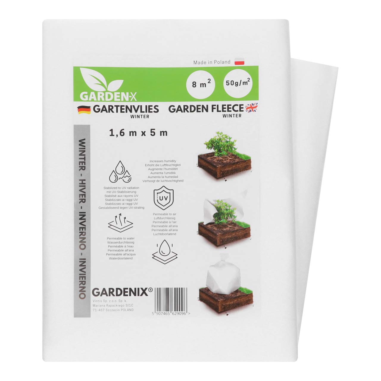 GARDENIX® 8 m² Winter Fleece for Plants - Frost Plant Protection - UV stabilised 50g/sm - Tear-Resistant and Water Permeable (1,6m x 5m)