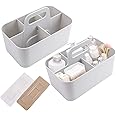 Jucoan 2 Pack Plastic Portable Storage Organizer Caddy Tote, Stackable 5 Slots Divided Basket Bin, Wall Mounted Makeup Organizer Caddy for Bathroom, Dorm Room (Beige, 9.75 x 6 x 4.25 Inch)
