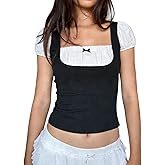 Women Short Sleeve Y2k Shirt Vintage Fairy Grunge Milkmaid Tops Summer Lace Patchwork Tee Tops Coquette Clothes