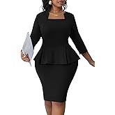 Runwind Plus Size Dress for Curvy Women Midi Church Wear to Work Bodycon Vintage Peplum 3/4 Sleeve Sheath Pencil Dress