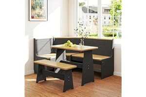 URBAN HOME FURNITURE Breakfast Nook Corner Dining Table Kitchen Bench Chair Set, Space-Saving 3-5 People Seat Reversible L-Shape for Family Home Black Wood
