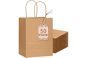 qiqee 50-Packs Brown Paper Gift Bags with Handles Bulk 8.3"x3"x 6" Small Size Paper Bags Multiple Uses(15x8x21cm,Small Size)