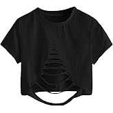 SweatyRocks Women's Short Sleeve Cutout Tee Shirt Distressed Crop Top