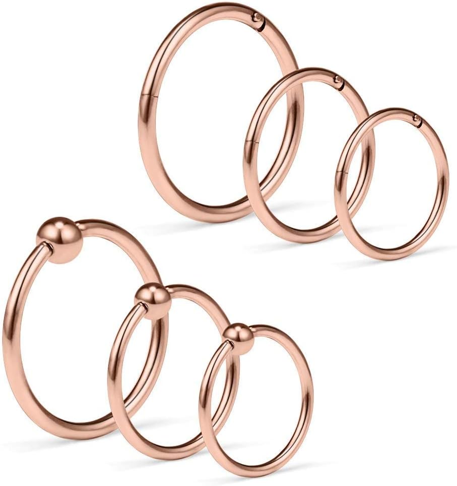 6PCS 16G Captive Bead Rings & Hinged Seamless Septum Nose Ring Hoop Ear Lip Piercing Clicker Rings 8mm 10mm 12mm - Rose Gold