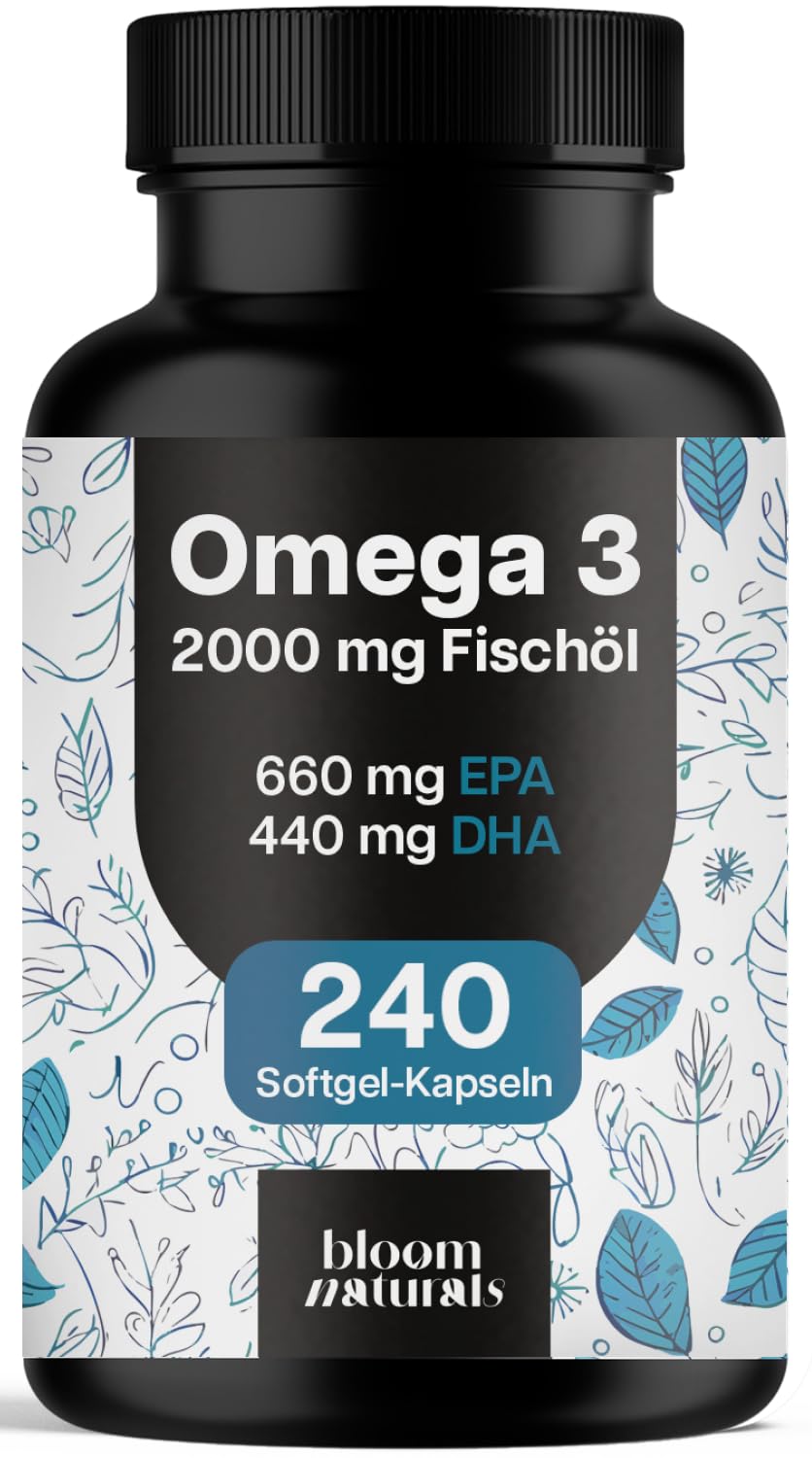 Omega 3 Kapseln hochdosiert 2000mg Fischöl - 240 Softgel-Kapseln - davon 660 mg EPA und 440 mg DHA - Unterstützt die Gesundheit von Herz, Gehirn und Augen* - Produziert in Deutschland
