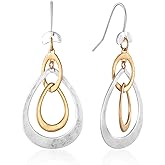 INNERDIVA Antique Gold Hammered Disc Drop Earrings Boho Earrings with Two Tone Jewelry Gift