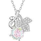 Aurora Tears Birthstone Rose Pendant Necklace - 925 Sterling Silver Rose Cut Cubic Zirconia Flower Leaf Necklace Anniversary Birthday Jewelry Gift for Women Wife Mom Daughter