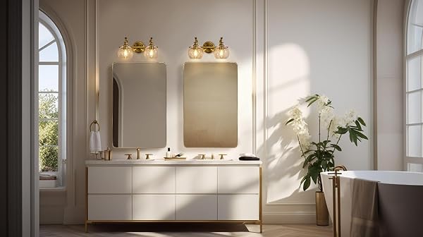 ANDY STAR GOLD BATHROOM LIGHT FIXTURES, 2-LIGHT BRASS VANITY LIGHT, MODERN SCONCES WITH GLOBE CLEAR LAMPSHADE, FARMHOUSE BATHROOM LIGHTING FIXTURES OVER MIRROR WITH METAL LAMP BODY, E26 BASE