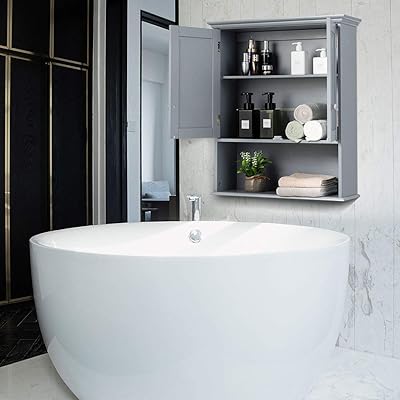 Buy Goflame Bathroom Wall Cabinet 2 Door Toilet Cabinet With Hanging Design Wooden Medicine Cabinet With Height Adjustable Shelf Wall Mount Cabinet With Large Storage Space Gray Online In Indonesia B08hwmnvn2