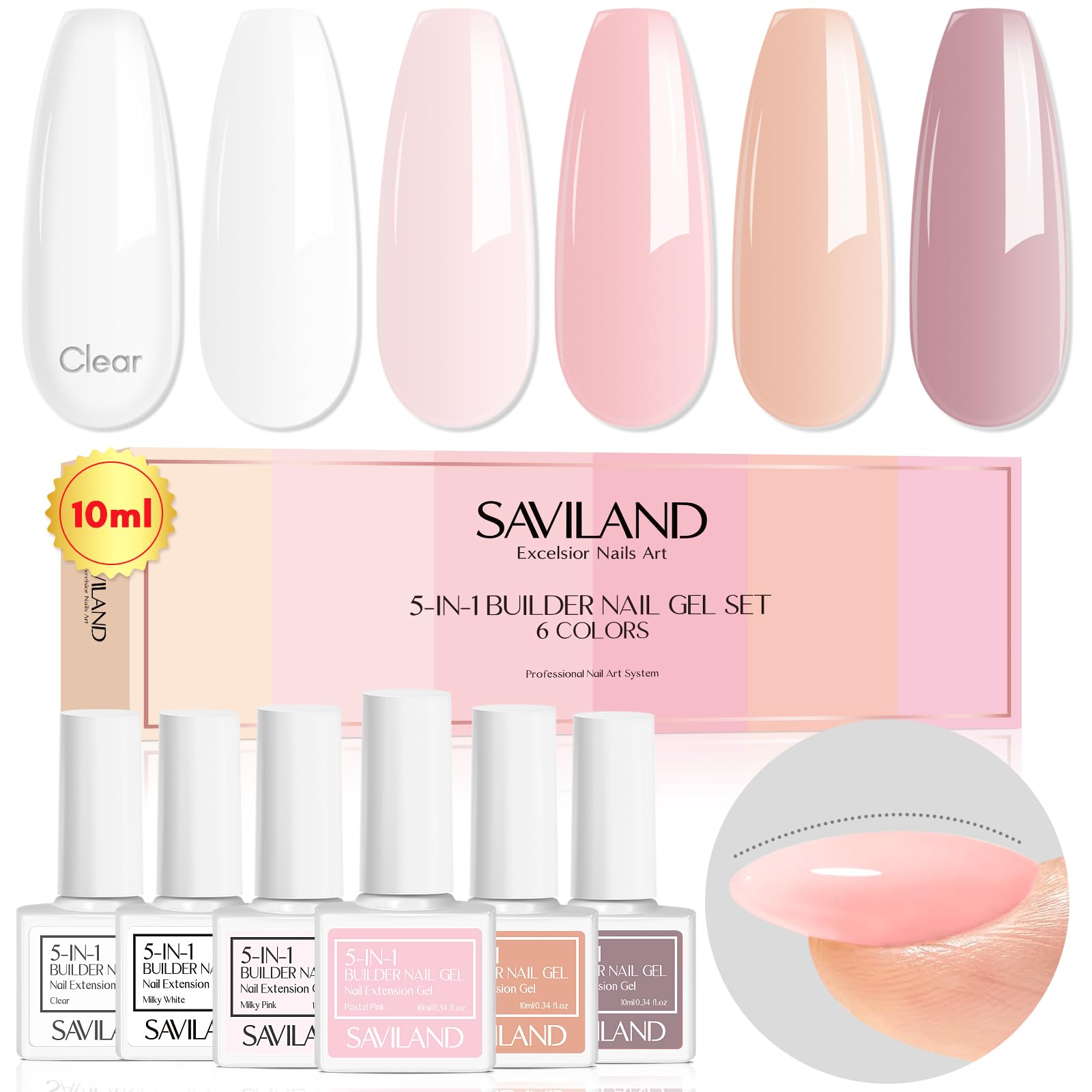 SAVILAND 10 ML Builder Nail Gel Set - 6 Colors 5 in 1 Clear Milky Pink Nudes Gel Builder in A Bottle Nails Extension Strengthener Gel for Thin and Damaged Nails Hard Gel Kit as Gift for Women