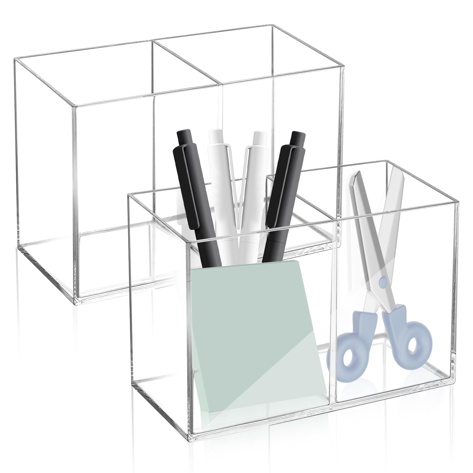 View 1 of ** ONLY 1**
Realand 2Pcs Acrylic Pen Holder for Desk, 2 Compartments Clear Makeup Brush Holder Organizer, Pen Cup for Pencil Marker