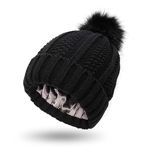 Bcenoilua Winter Warm Knitted Hat Women Stretchy Chunky Cable Knit Hat Thermal Insulating Satin Lined with Faux Fur Pompom Outdoor Knit Beanie Hat/Black