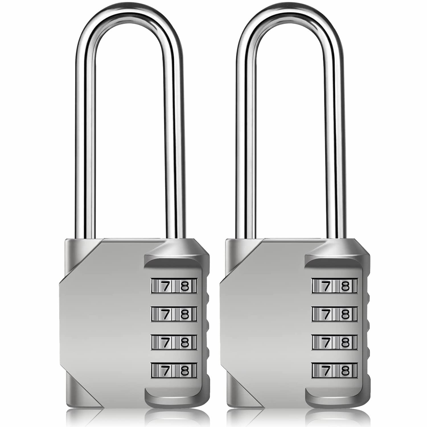 BeskooHome Long Shackle Padlock, 4 Digit Combination Lock, Resettable Weatherproof Lock for School, Gym Locker, Outdoor, Fence, Gate, Hasp Storage (Silver 2 Pack)