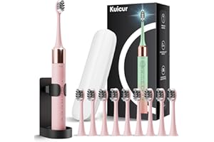 KUICUR Sonic Electric Toothbrush for Adults & Kids, Rechargeable Electric Toothbrush with 10 Brush Heads & Travel Case, Teeth Whitening, Power Electric Toothbrush with Holder, Charge for 120 Days - Pink