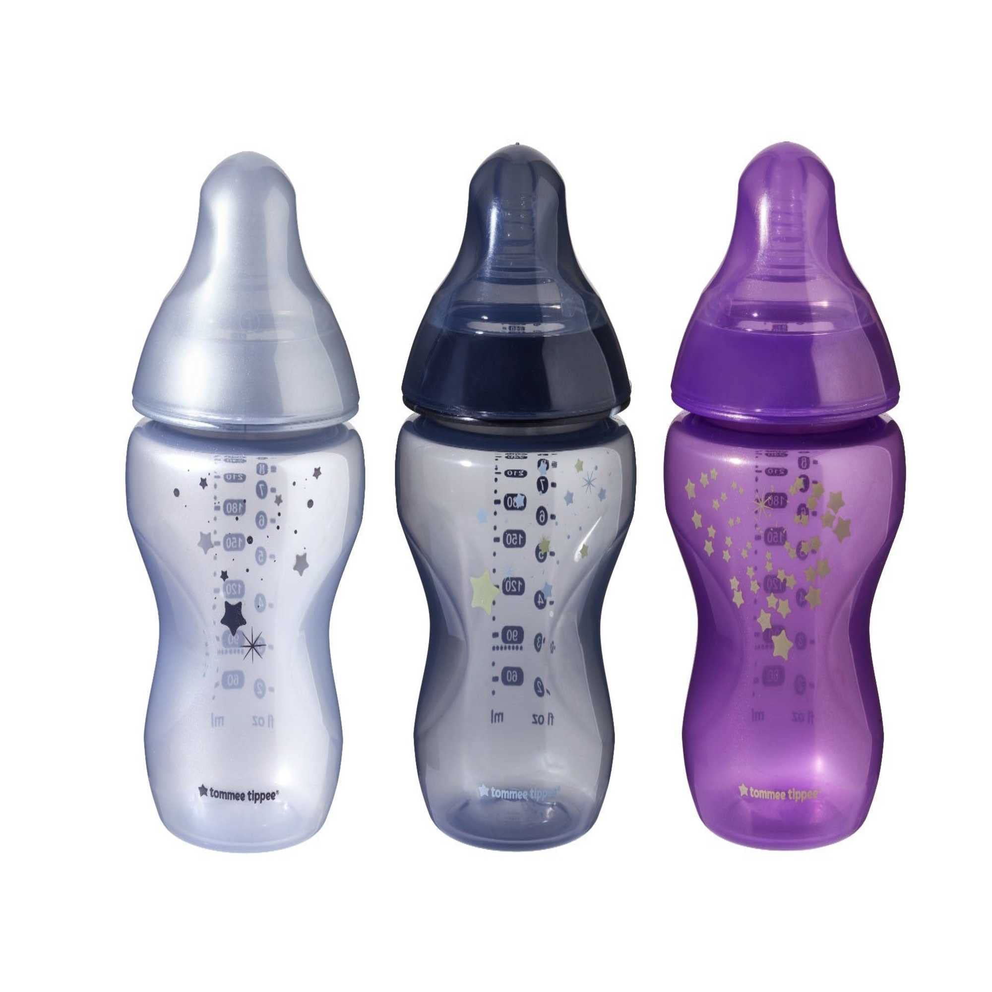 Tommee Tippee Closer to Nature Baby Bottles, Slow Flow Breast-Like Teat with Anti-Colic Valve, 260ml, Pack of 3, Midnight Skies