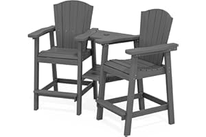 KINGYES Tall Adirondack Chair Set of 2, HDPE Tall Adirondack Barstools with Double Connecting Trays, Embossed Bar Height Adirondack Chair for 2, All Weather Resistant Balcony Adirondack Chairs, Gray