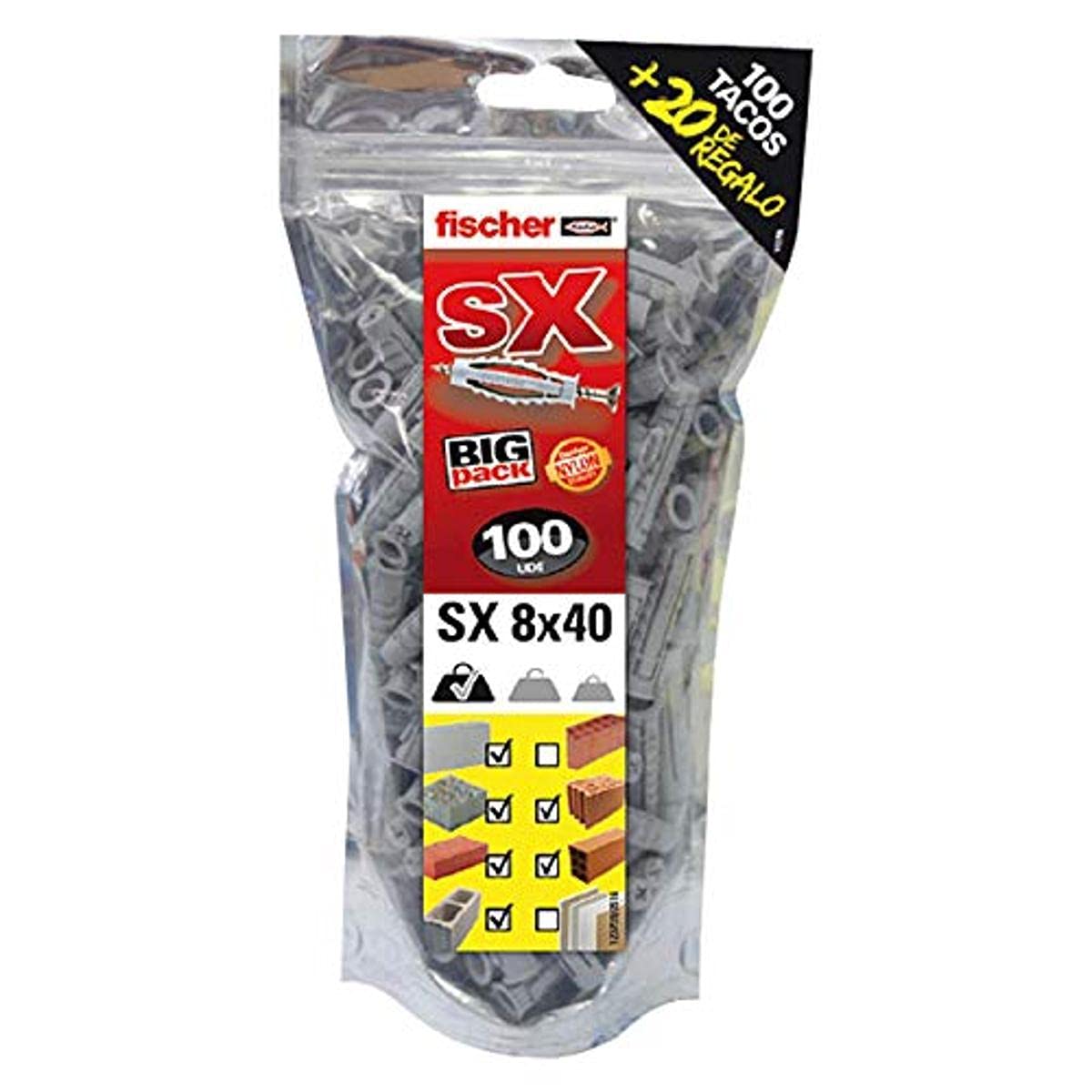 fischer 519333 / (Bolsa de 100 Uds), Big Pack Nylon Plug SX 8x40-100 + 20 , Grey, 8x40