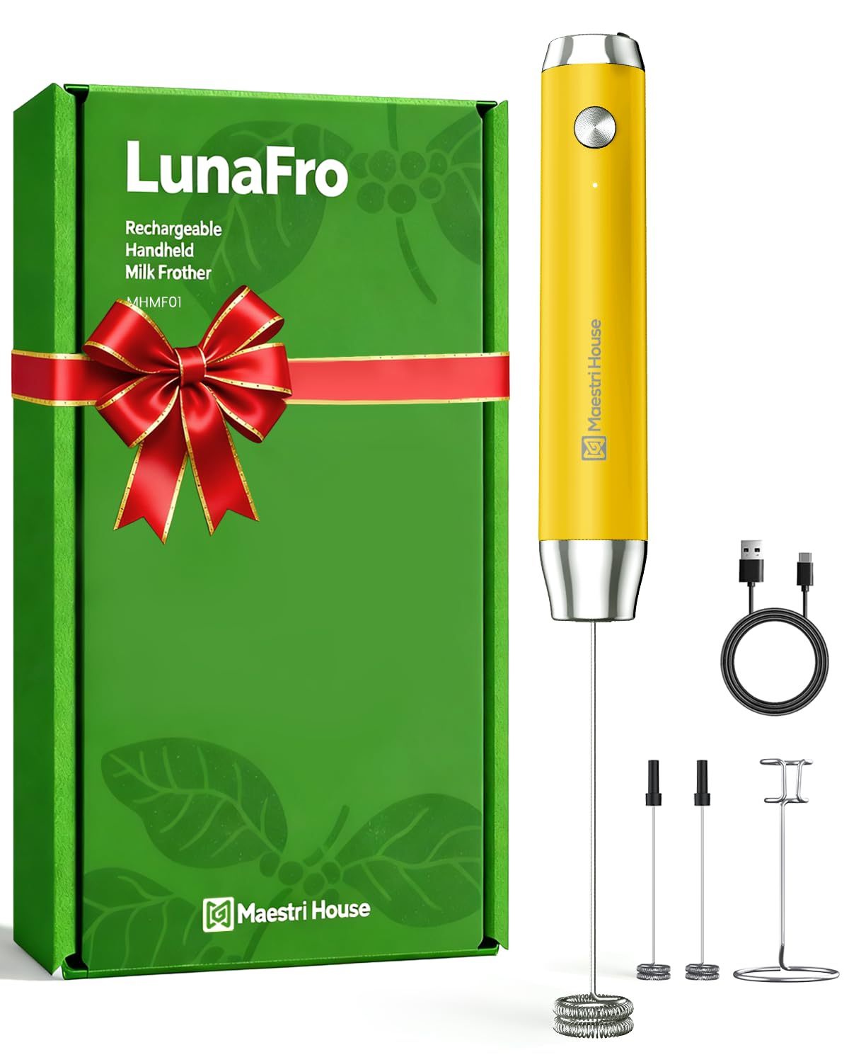 Maestri House Rechargeable Milk Frother with Stand, Handheld Electric Foam Maker Waterproof Detachable Stainless Steel Whisk Drink Mixer Foamer for Lattes, Cappuccino (Warm Yellow (Gift Box)) Image