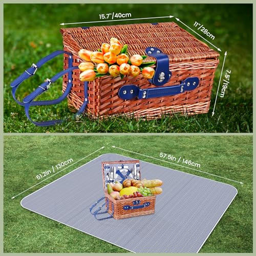 4 Person Picnic Basket, Wicker Picnic Set with Waterproof Picnic Blanket and Cutlery Set, Picnic Basket for Camping, Blue