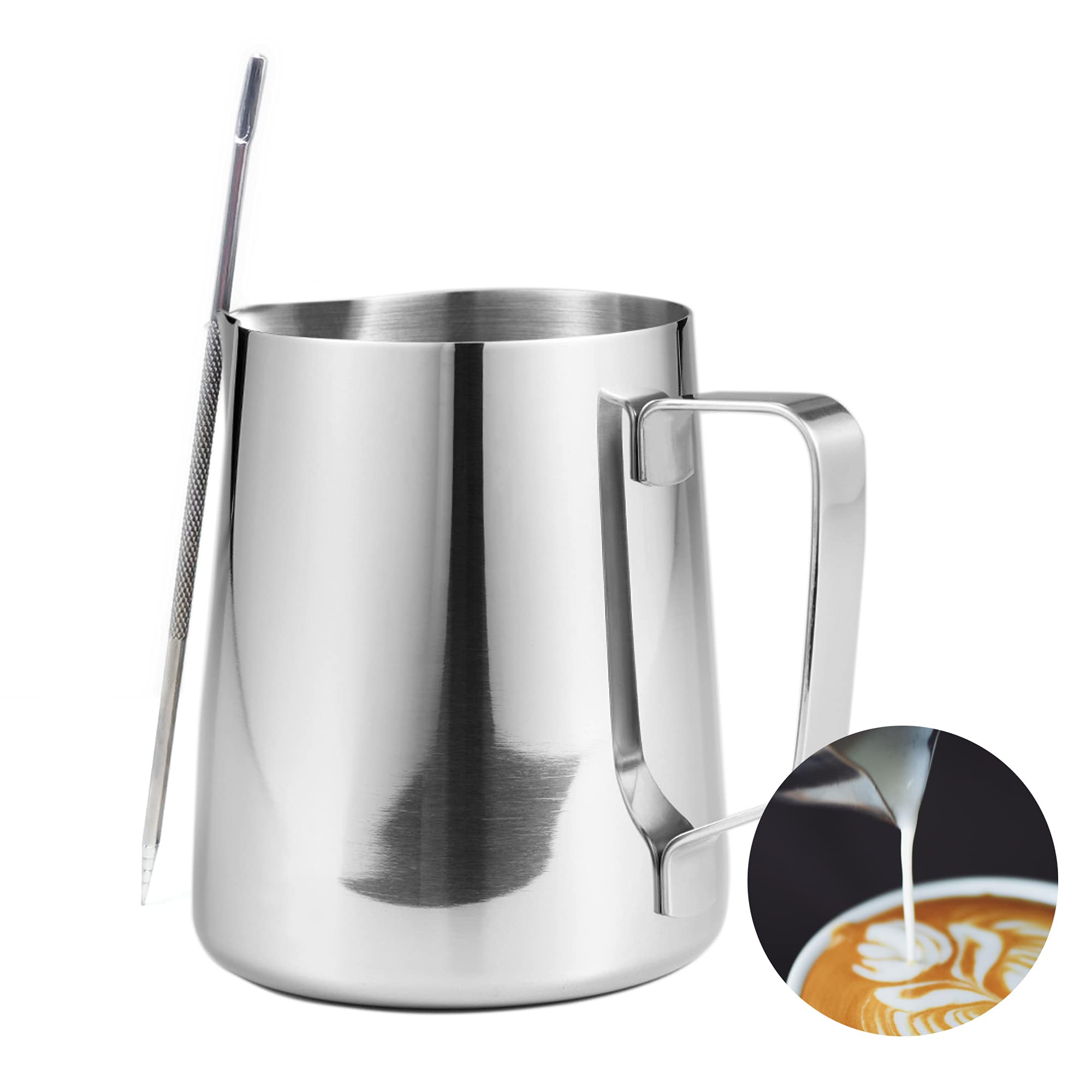 CAPACITEA Stainless Steel Milk Frothing Jug, 350ml 12fl.oz Milk Pitcher Handheld with Measurement for Making Latte Cappuccino at Home, Silver