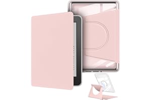 YOUNGME 360 Degree Rotating Case for 7" Kindle Paperwhite (12th Generation-2024 Release), Detachable Magnetic Design Protective Adjustable Stand Cover Clear Back with Auto Sleep/Wake, Pink