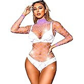 Kaei&Shi Rhinestone Bodysuit Tops For Women,Fishnet Rave Outfits Plus Size,Long Sleeve Sheer See Poster Through Sexy Sparkly