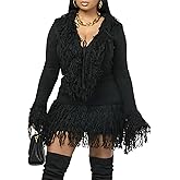 NRTHYE Women 2 Piece Sweater Skirt Set Casual Tassel Long Sleeve Sweaters Fringe Mini Skirt Matching Sexy Club Outfits