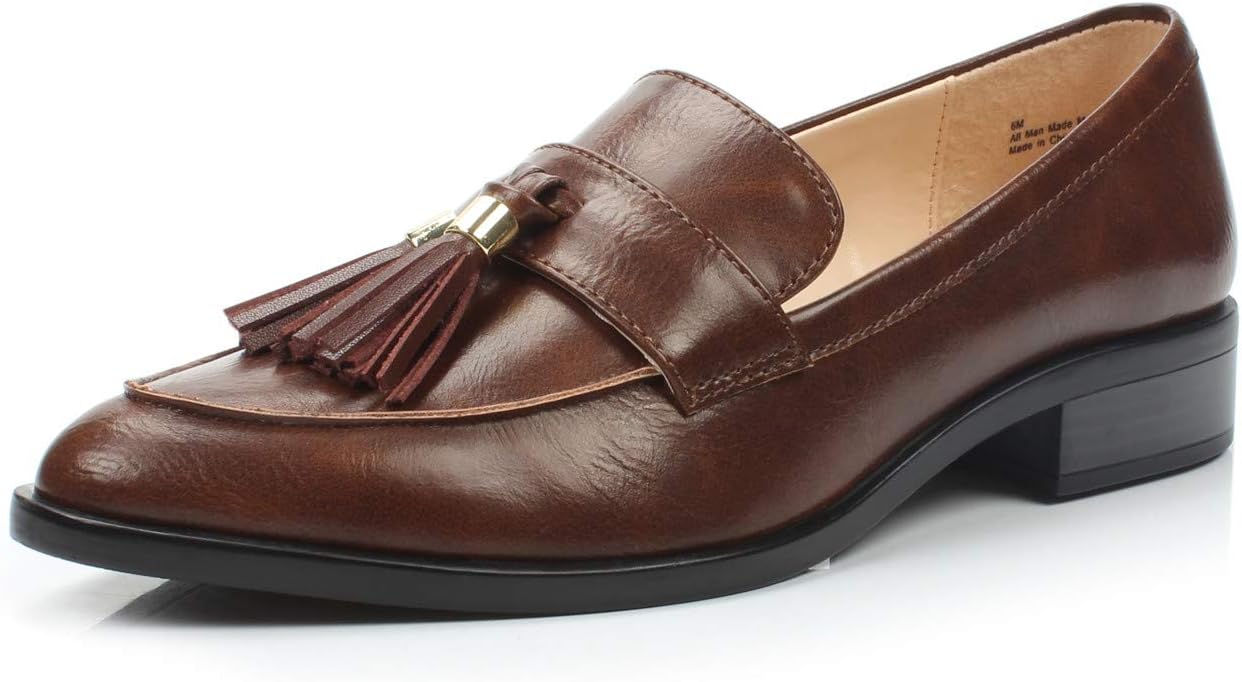 DUNION Women's Brandon Chain Decorated Penny Loafers Low Heels Almond Toe Casual Daily Shoe