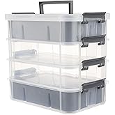 CraftGenes Grey&White Modern Plastic Storage Box - 4-Layer Durable Craft Storage Containers with 2 Removable Trays for Arts & Crafts Supplies, Sewing, Office, Seasonal Decor