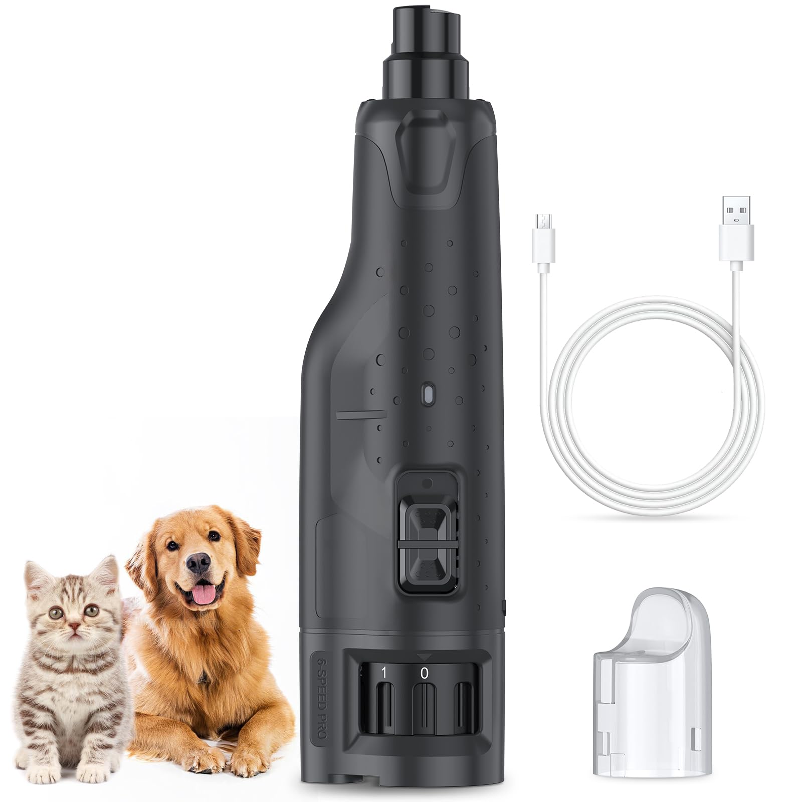 Maxetodo Rechargeable Dog Nail Grinder with 2 LED Lights Quiet 6 Speed Electric Nail Trimmer,Dust Cap,and 3 Grinding Ports for Large,Medium Small Dogs