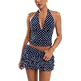 Women Polka Dot Outfits 2 Piece Skirt Sets Vintage Halter V-Neck Top and Ruffle Layered Mini Skirt Summer Y2k Outfits