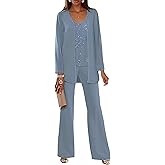 Plakend Wome's Sequin Mother of The Bride Pant Suit with Jacket 3 Pieces Lace Chiffon Formal Wedding Outfits