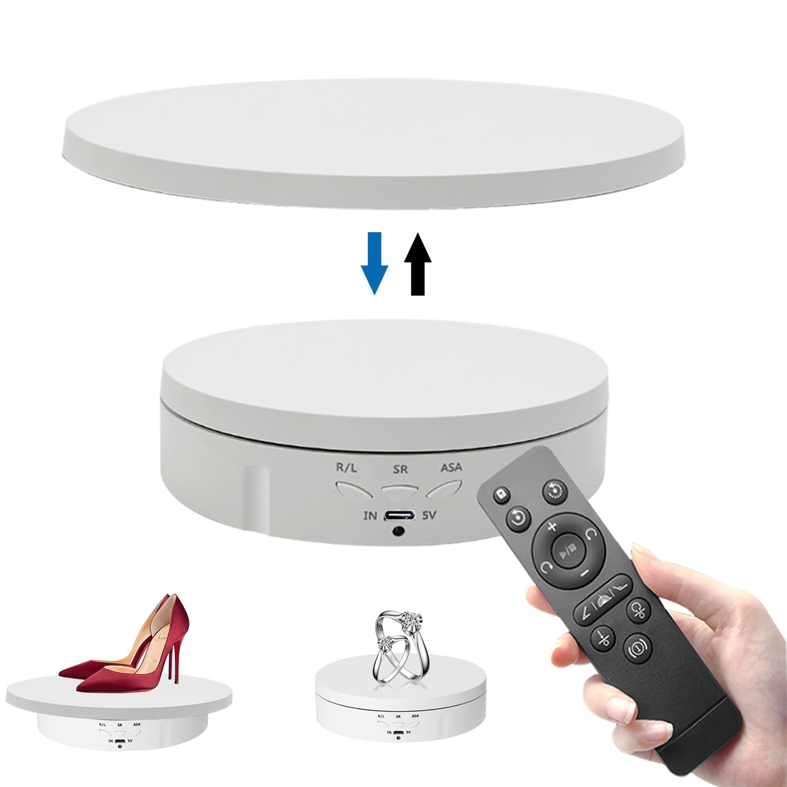 Motorized Rotating Display Stand 360° Electric Turntable, 10kg Load Capacity Rotating Platform for Jewelry, Watches, Electronics & Product Photography, Battery/USB Power