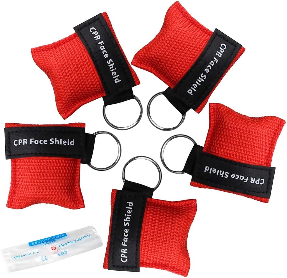 Kuou 5 Pcs CPR Mask Keychain Ring Emergency Kit Face Shield Red