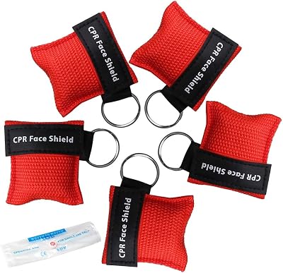 Kuou 5 Pcs CPR Mask Keychain Ring Emergency Kit Face Shield Red