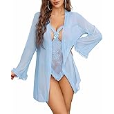 Avidlove 2 Pieces Cutout Teddy Bodysuit with Sheer Kimono Robe Mesh Sleepwear Nightwear Boudoir Outfits Sexy Lingerie Set