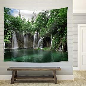 Beautiful Waterfalls with Green Trees - Fabric Tapestry, Home Decor - 51x60 inches