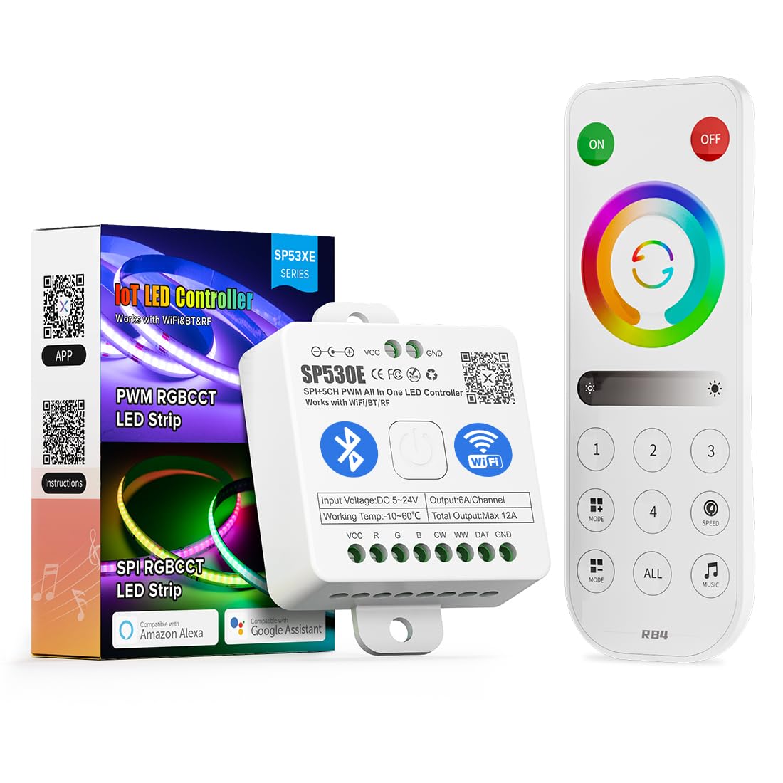 BTF-LIGHTING 4 Zones 2.4GHz RF Remote RB4 & SP530E WiFi Bluetooth Controllers Kit Support FCOB COB SMD PWM or SPI RGBCCT RGBWW LED Strip DC5V DC12V DC24V
