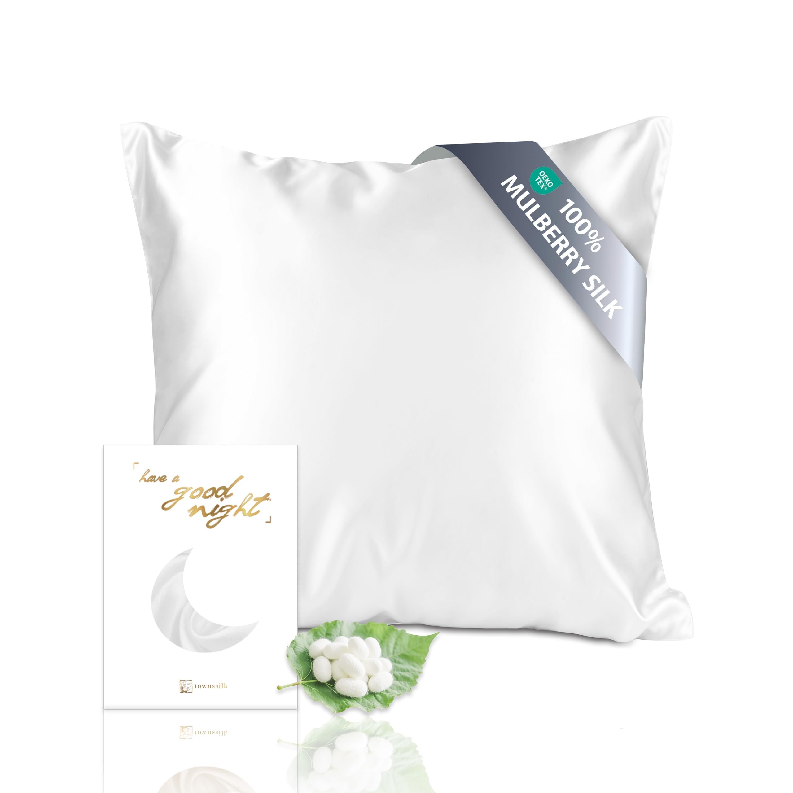 townssilk Both Side 100% 19mm Silk Pillowcase 80x80cm Pillow Case Cushion Cover with Hidden Zipper White