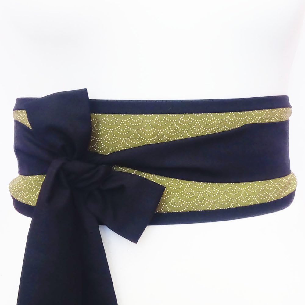 Obi belt sash with Japanese sashiko seigaiha waves fabric in green with black ties