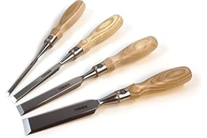 Narex 853654 4 Piece Set of Richter Extra Bevel Edge Chisel (1/4, 1/2, 3/4 and 1 inch) Cryogenic Treated Cr-V Steel Hardened to HRc 62 Ergonomic Ash Handles Stainless Steel Ferrules