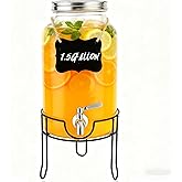 JUSJAHLY 1.5 Gallon Glass Beverage Dispenser with Stand and Lid for Parties,Glass Drink Dispenser with Stainless Steel Leakproof Spigot,Mason Jar Drink Dispensers with Lids for Lemonade,Juice,Water